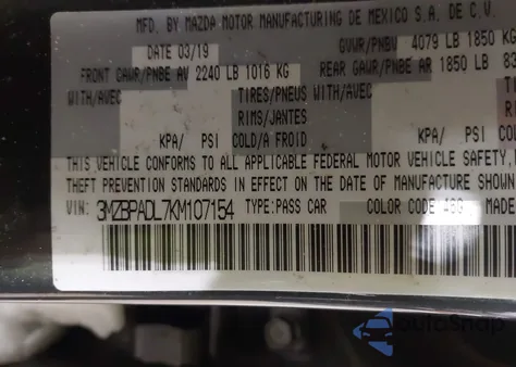 2019 Mazda Mazda3 Preferred Package из США, поврежденный, VIN 3MZBPADL7KM107154